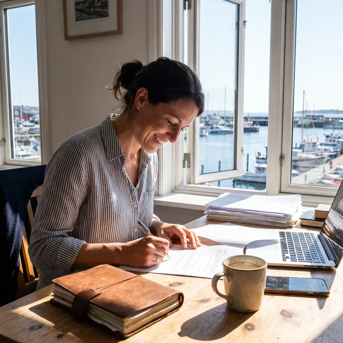 An operator doing the admin at a table by the window, with the harbor outside