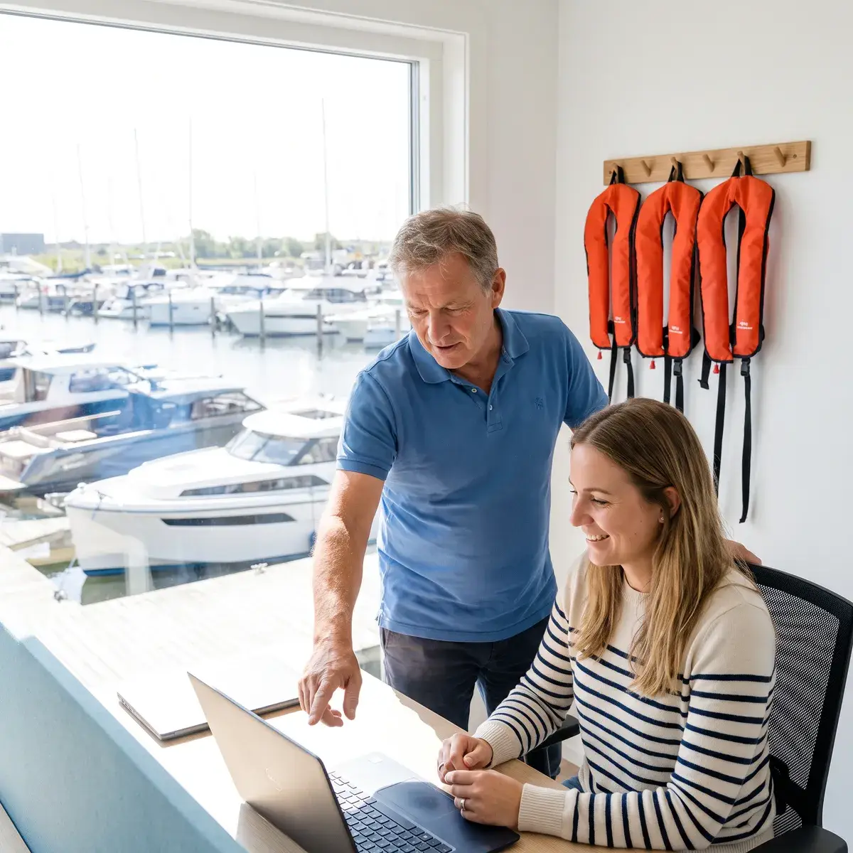 Two colleagues look at a laptop in a bright office overlooking a marina, life jackets on the wall