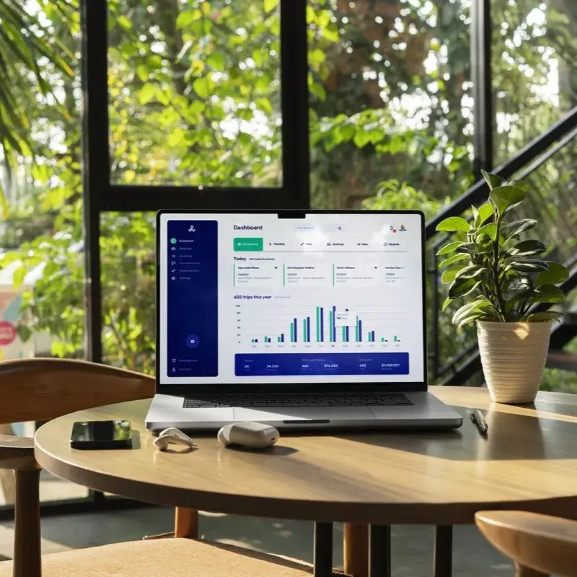 A laptop on a table by a window, showing a booking dashboard with graphs
