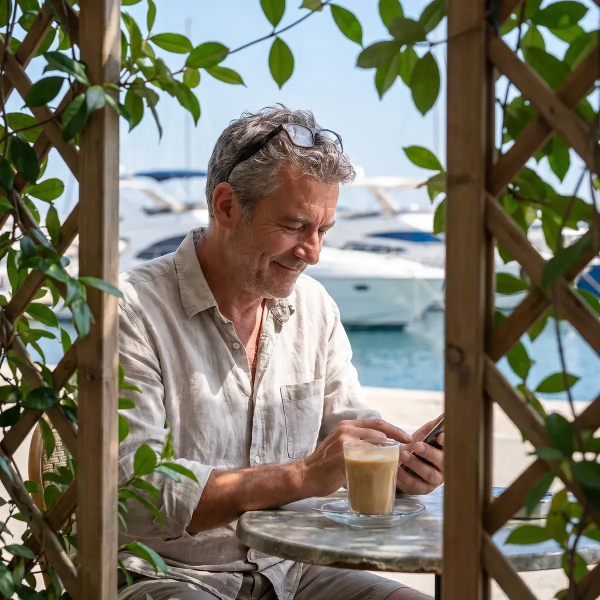 A man at a café table by the harbor finishes a booking on his phone, an iced coffee beside him