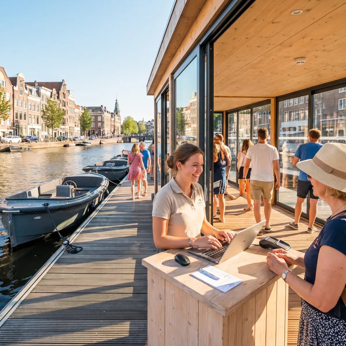 At a rental kiosk on a canal pontoon, a staff member works on a laptop while a customer pays at the card terminal