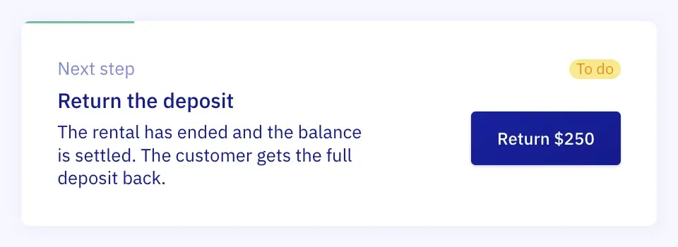 A card from the booking: Next step, To do, Return the deposit. The rental has ended and the balance is settled; the customer gets the full deposit back. A button Return $250.