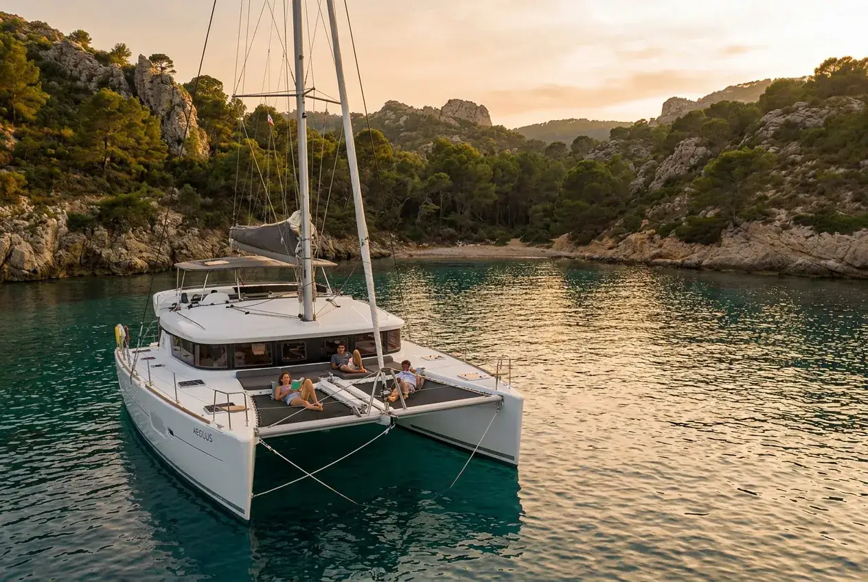 A catamaran at anchor in a pine-lined bay in golden evening light, guests on the front net