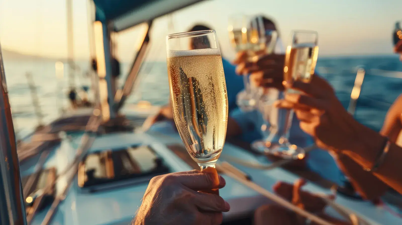 Guests raising glasses of champagne on the deck of a sailing yacht at sea