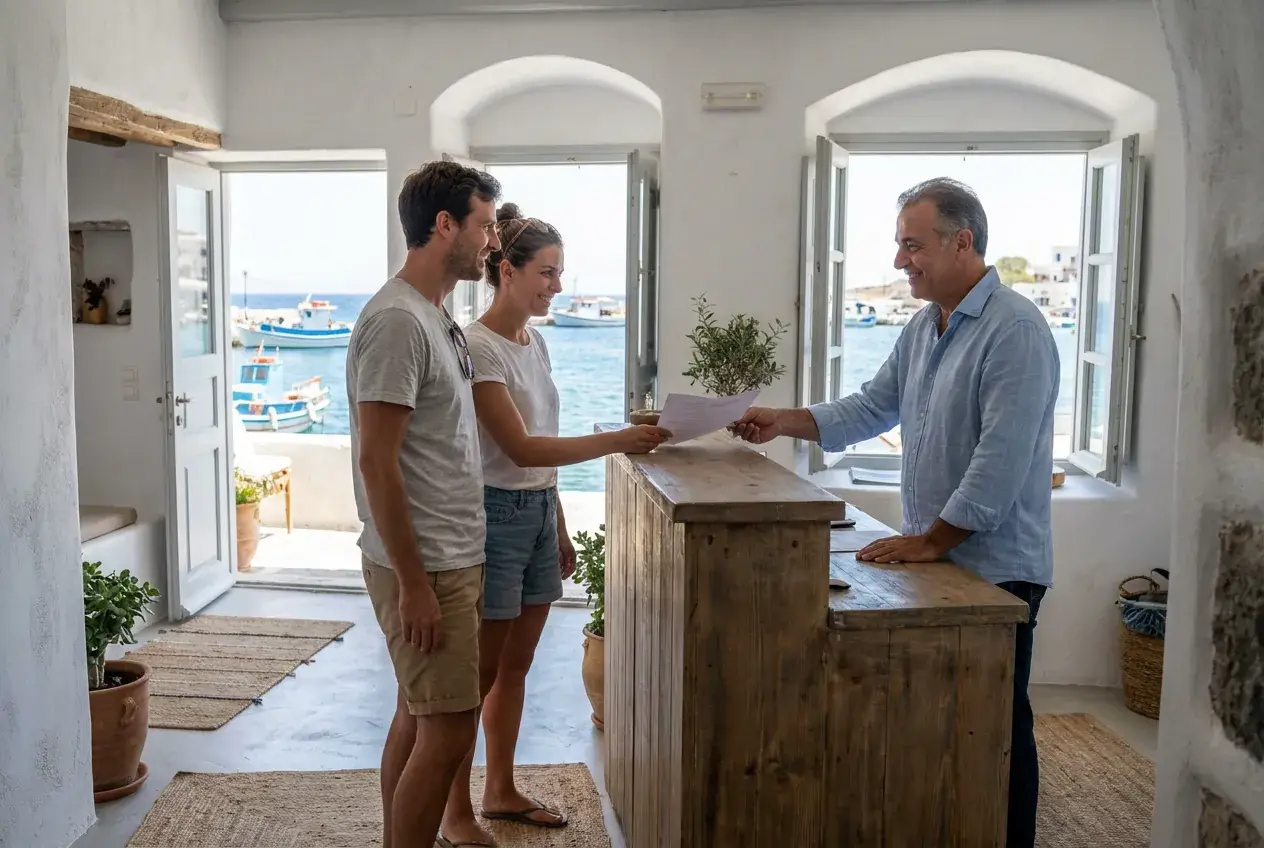 A concierge at a wooden hotel desk hands a couple a boat trip leaflet, the harbor behind the open door