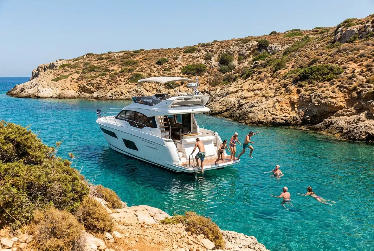 A white motor yacht anchored in a turquoise cove, with guests jumping off the stern into the water