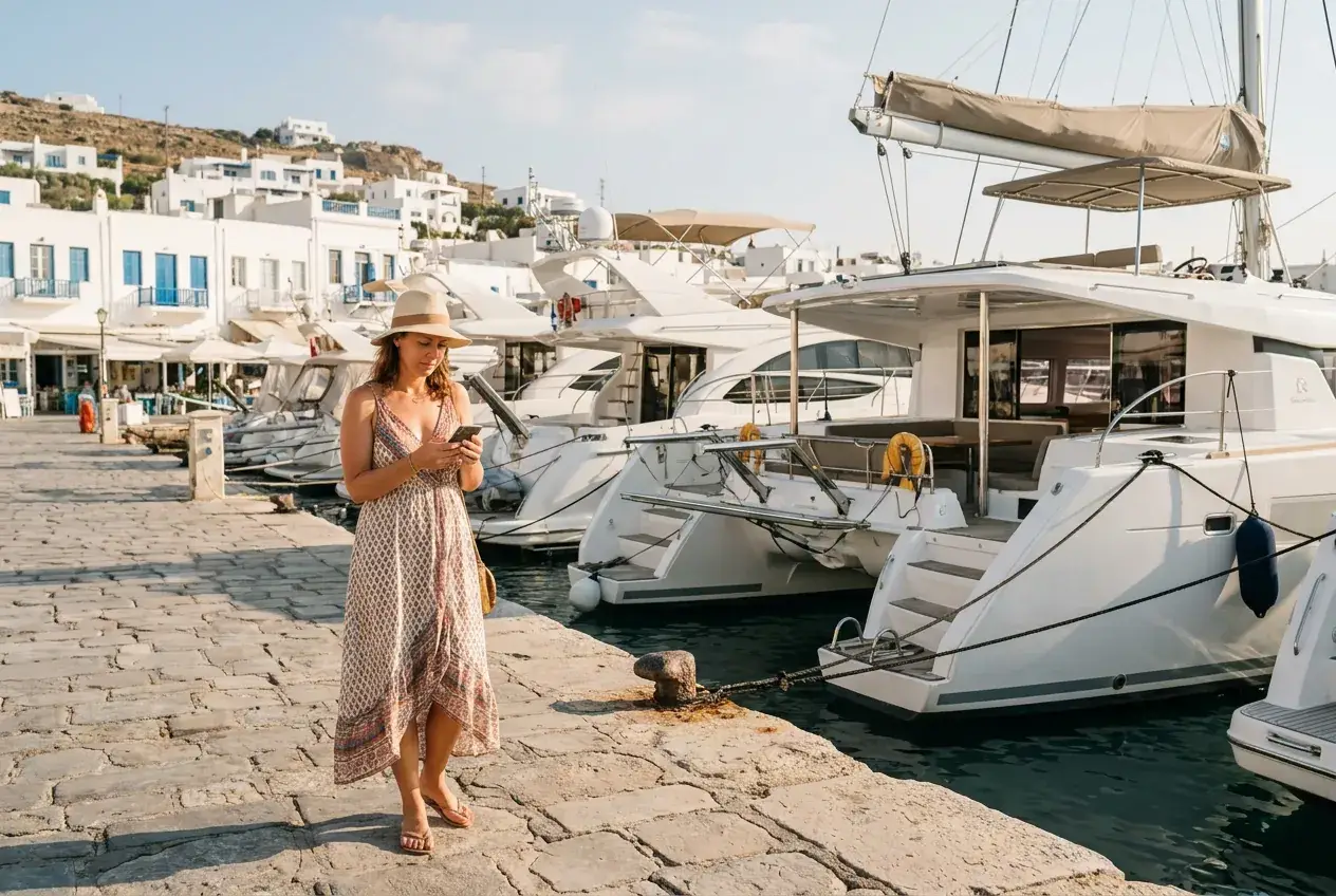 A woman on a sunny harbor quay looks at her phone, with motor yachts and catamarans moored behind her