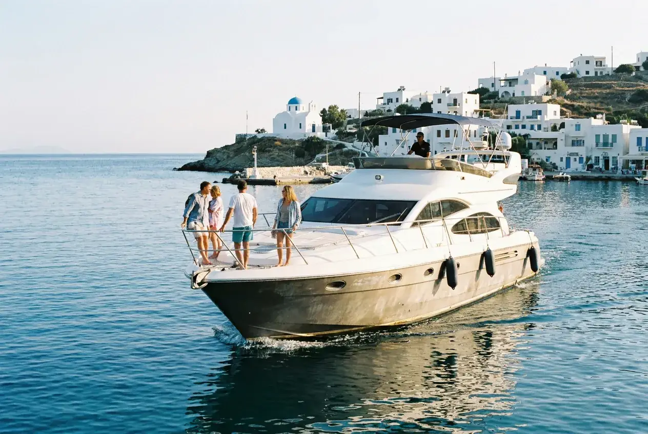 A motor yacht with guests on the bow leaving a whitewashed island harbor in the morning