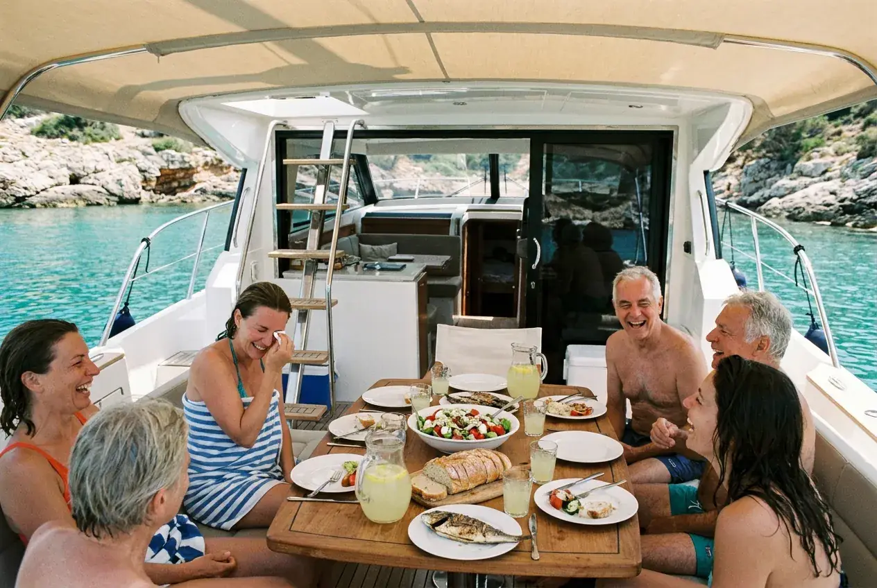 Friends having a Greek lunch on the aft deck of a motor yacht anchored in a turquoise cove