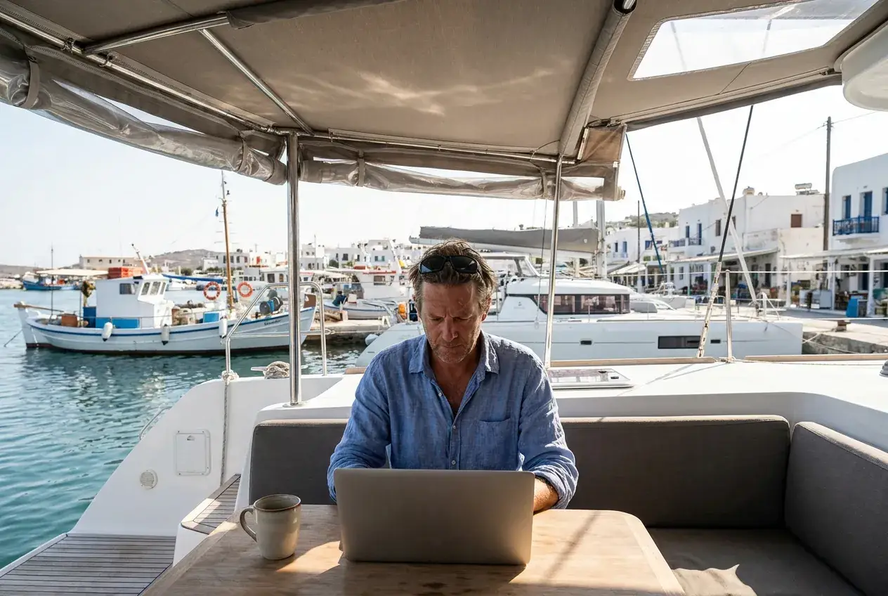 A charter owner working on a laptop in the shade of a catamaran deck in a Greek harbor