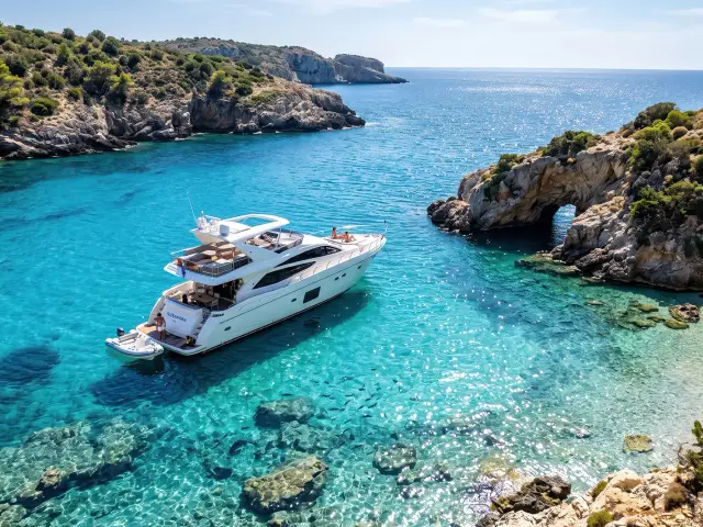 Eine Motoryacht vor Anker in einer türkisfarbenen Bucht an einer felsigen Küste