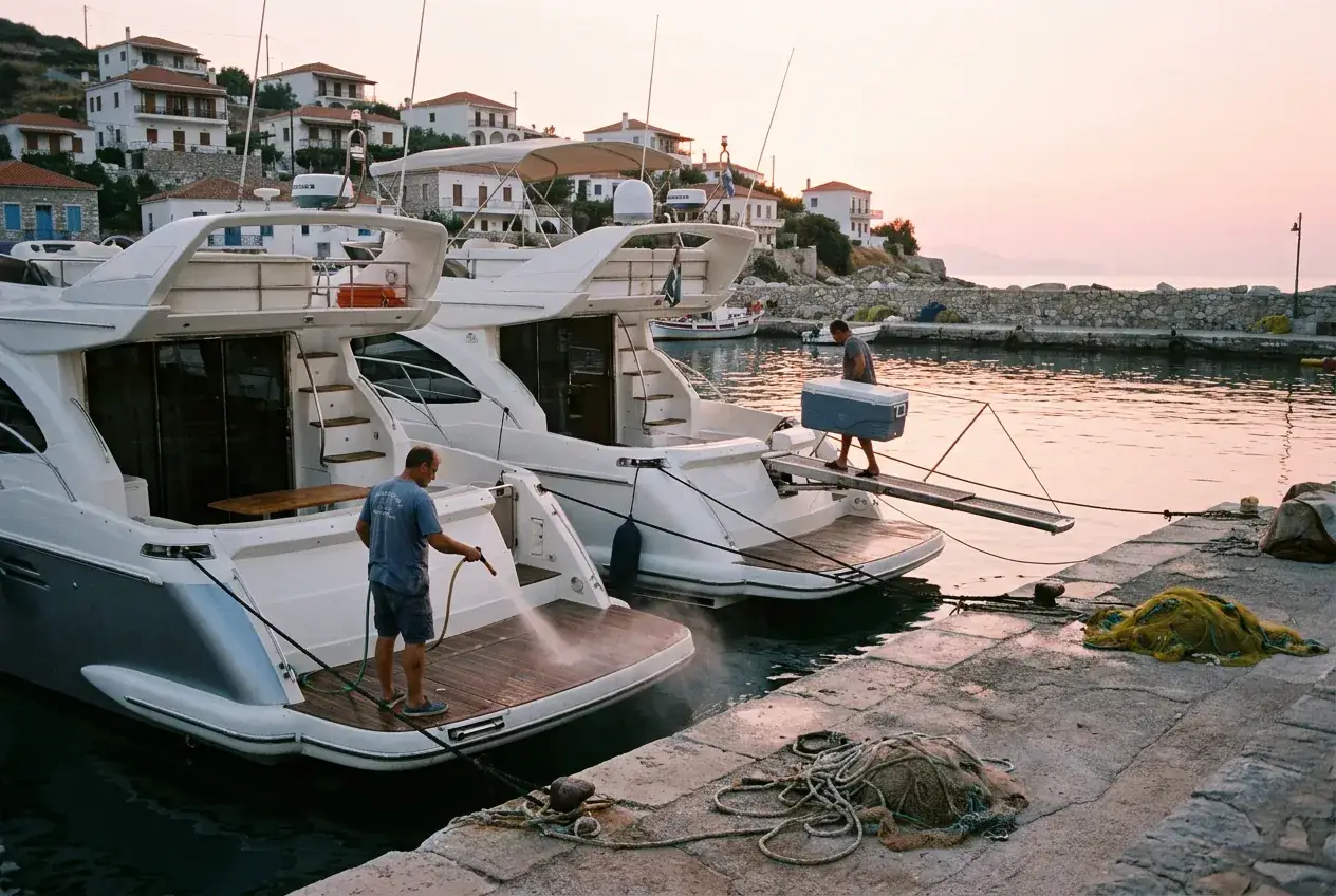 Two motor yachts at dawn in a Greek harbor, one crew member hosing the deck and another carrying a cool box aboard