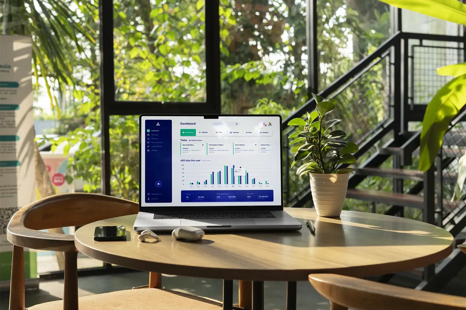 The Let's Book dashboard on a laptop on a round wooden table, next to a plant