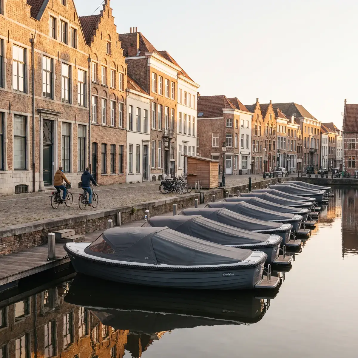 Modern electric boats under their covers in a city canal at sunrise, before the rental opens