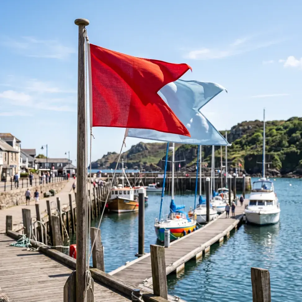 Deux drapeaux flottent au-dessus des quais d'un port, avec des bateaux amarrés derrière