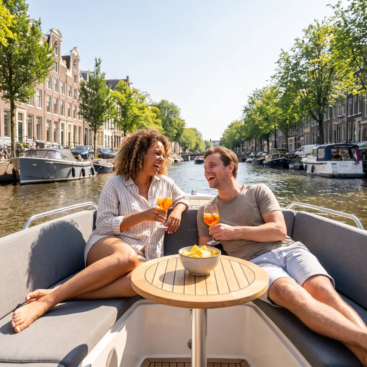 Twee vrienden lachen met een drankje op een moderne elektrische sloep op een zonnige stadsgracht