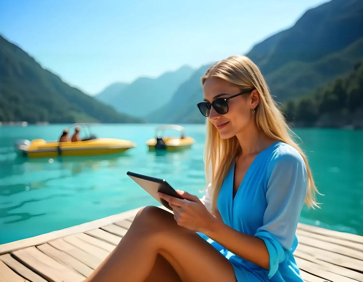 Een vrouw met een tablet op een steiger aan een bergmeer, met gele bootjes achter haar