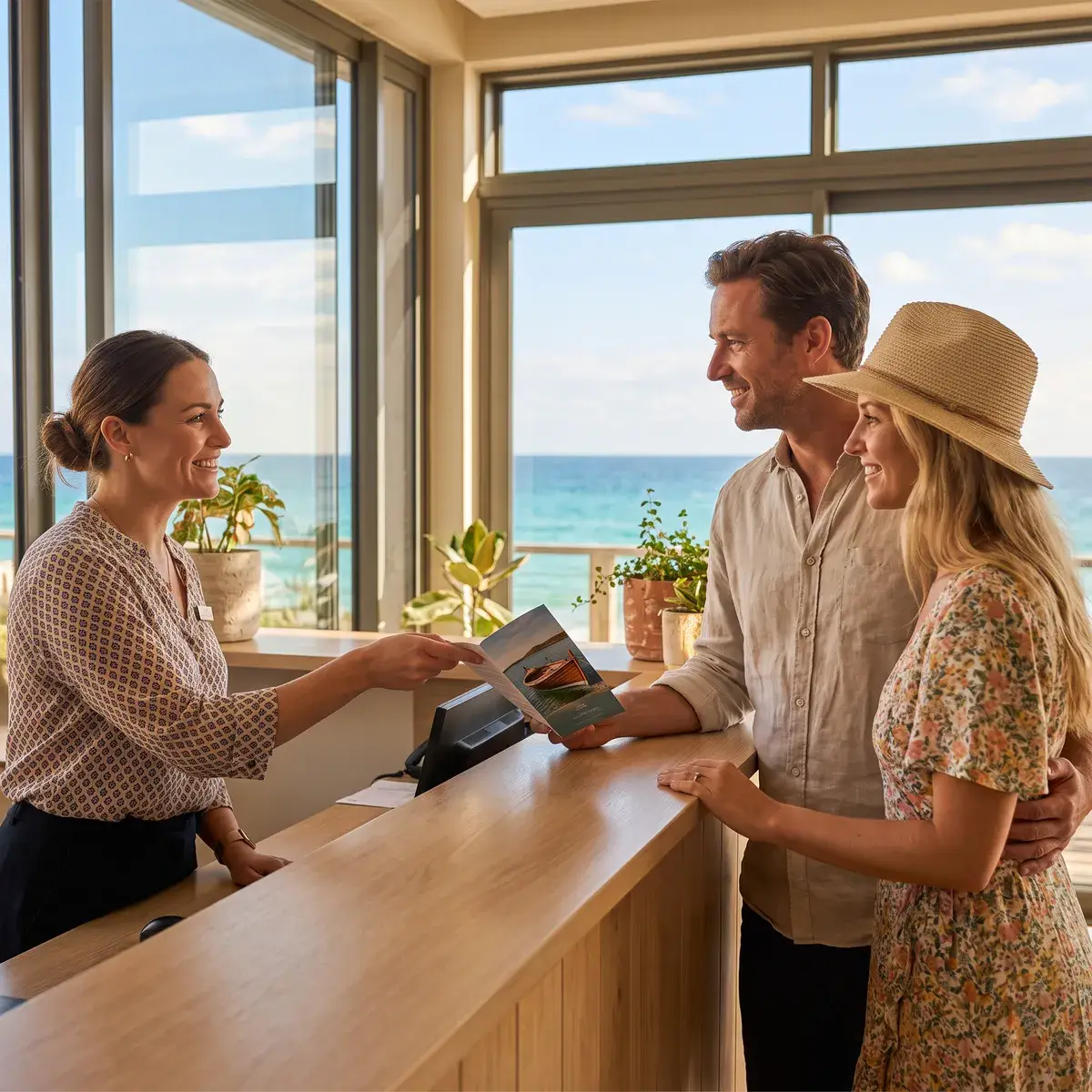 Eine Hotelrezeptionistin gibt einem Paar in Sommerkleidung einen Prospekt für eine Bootstour