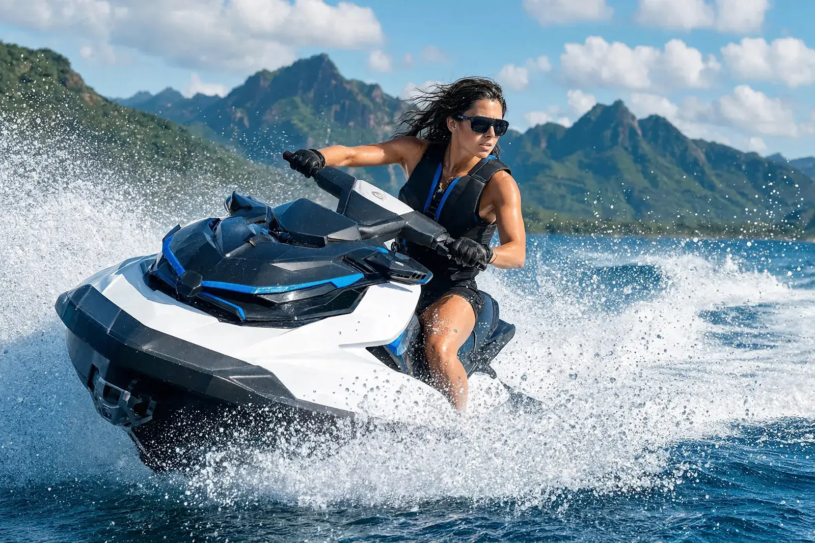 A woman on a white and blue jet ski, spray flying, mountains behind her