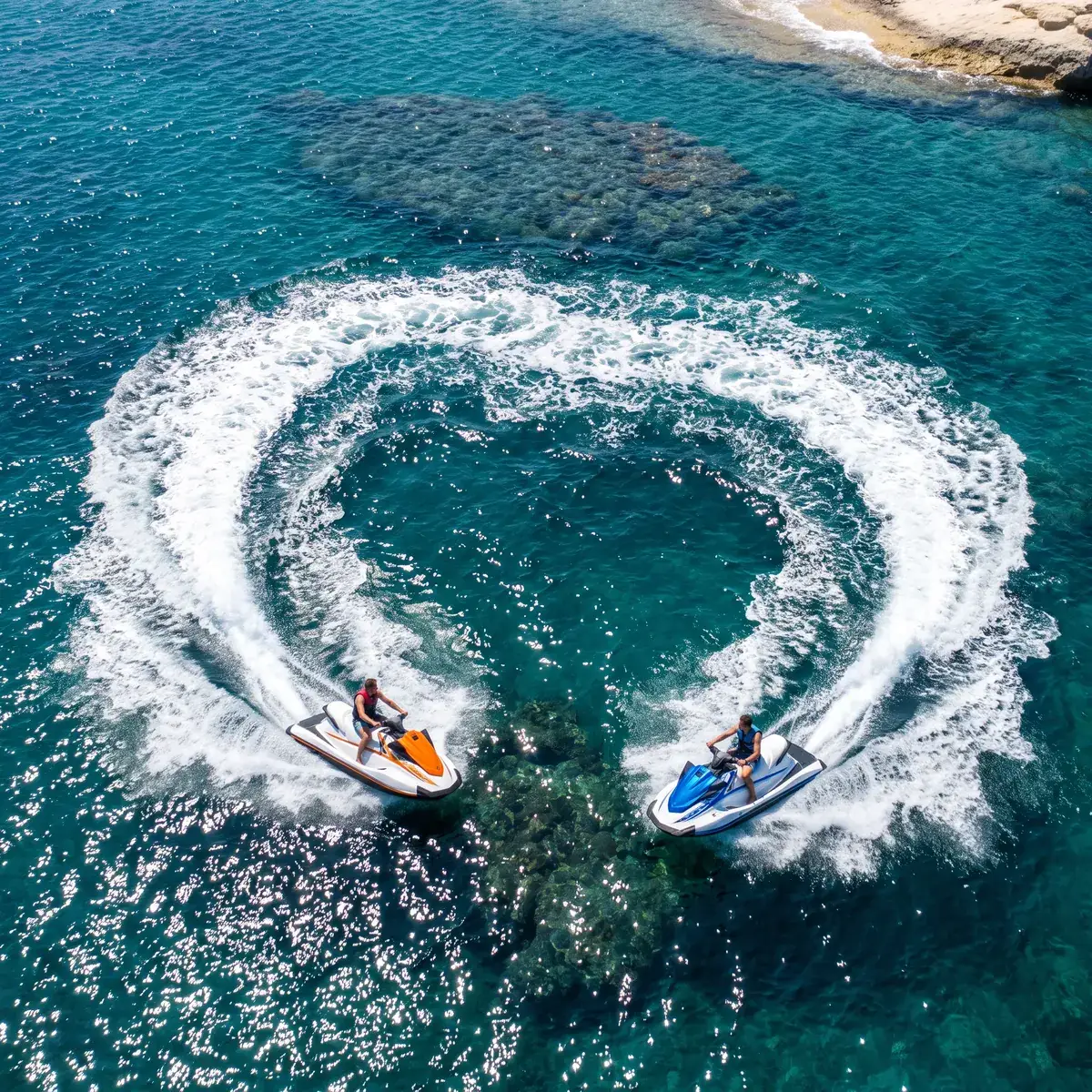 Zwei Jetskis ziehen weiße Bögen durch türkisfarbenes Wasser, von oben gesehen