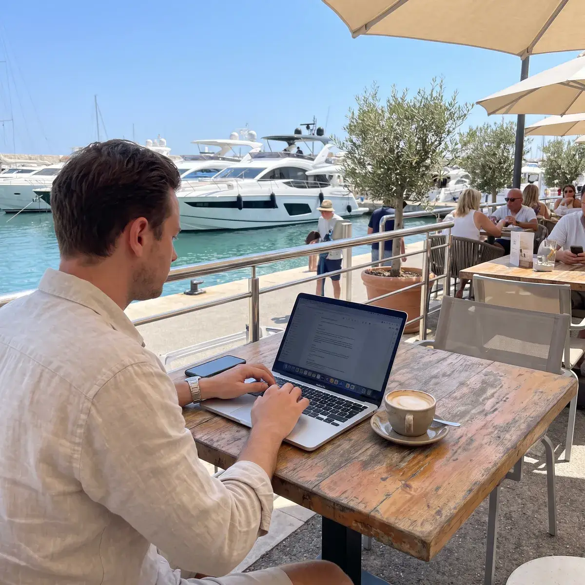 Someone works on a laptop at a café terrace by a marina, a cappuccino beside it and yachts behind