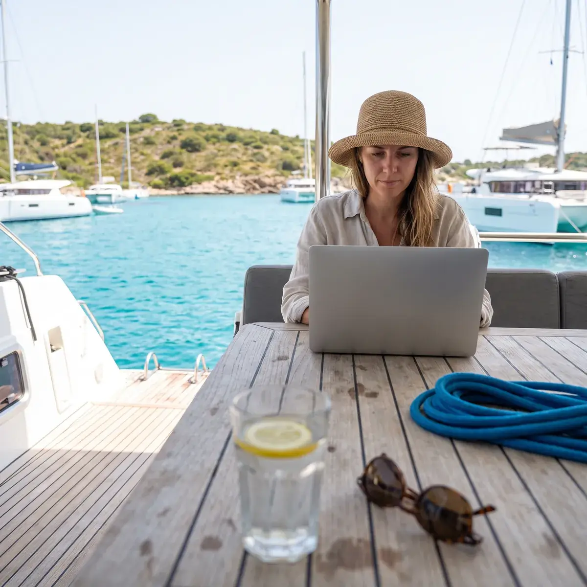 Eine Frau mit Sonnenhut arbeitet am Laptop am Tisch eines Katamarans, der in einer türkisfarbenen Bucht liegt