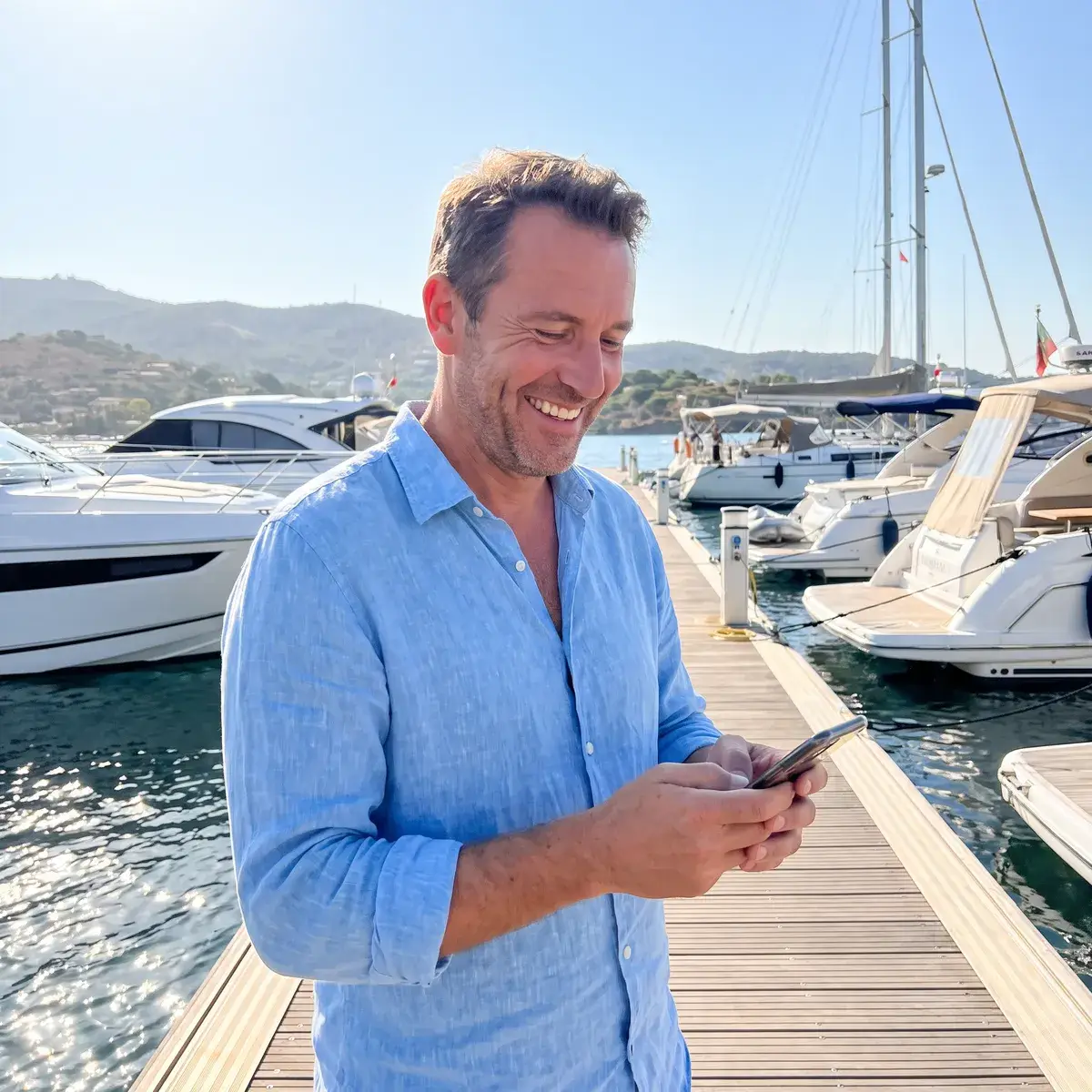 Een man lacht naar zijn telefoon op de steiger van een moderne jachthaven aan de kust