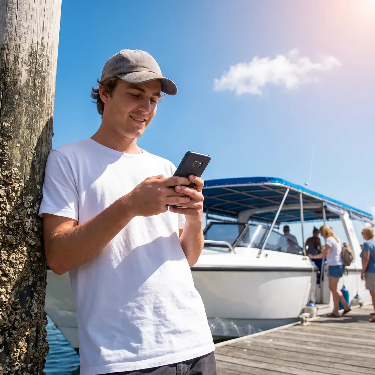Ein Mitarbeiter mit Kappe schickt auf der Anlegestelle eine Nachricht von seinem Handy, hinter ihm steigen Gäste in ein Rundfahrtboot