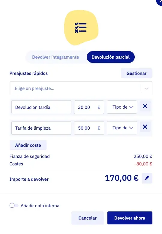 La ventana de devolución parcial: Preajustes rápidos, dos líneas de coste (Devolución tardía 30,00 € y Tarifa de limpieza 50,00 €), la fianza de seguridad de 250,00 €, costes de 80,00 € y un importe a devolver de 170,00 €, con un botón Devolver ahora