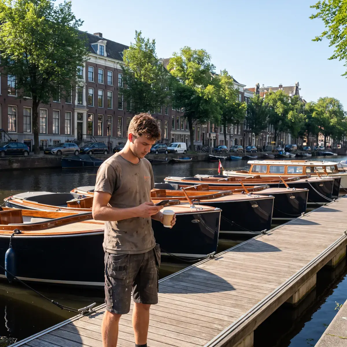 A young dock worker checks the day's list on his phone on a canal pontoon beside modern electric boats