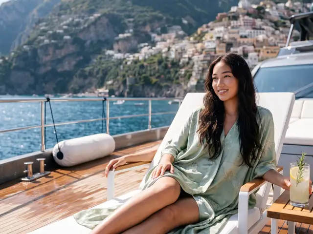 A guest relaxing on the sundeck of a motor yacht along a rocky Mediterranean coast