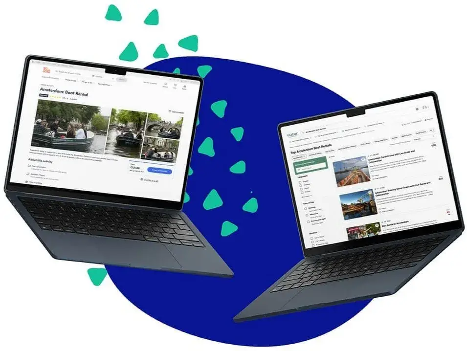 Two laptops showing Amsterdam boat rentals on the booking platforms GetYourGuide and Viator
