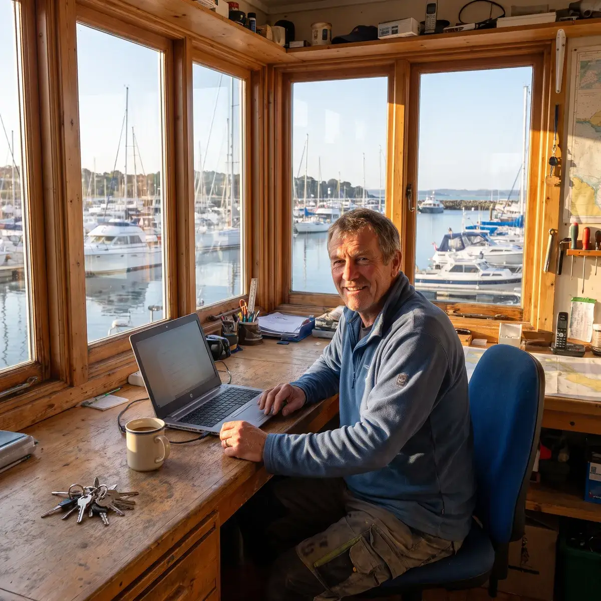 A boat rental owner at a laptop in a bright boathouse office overlooking the marina, boat keys on the desk