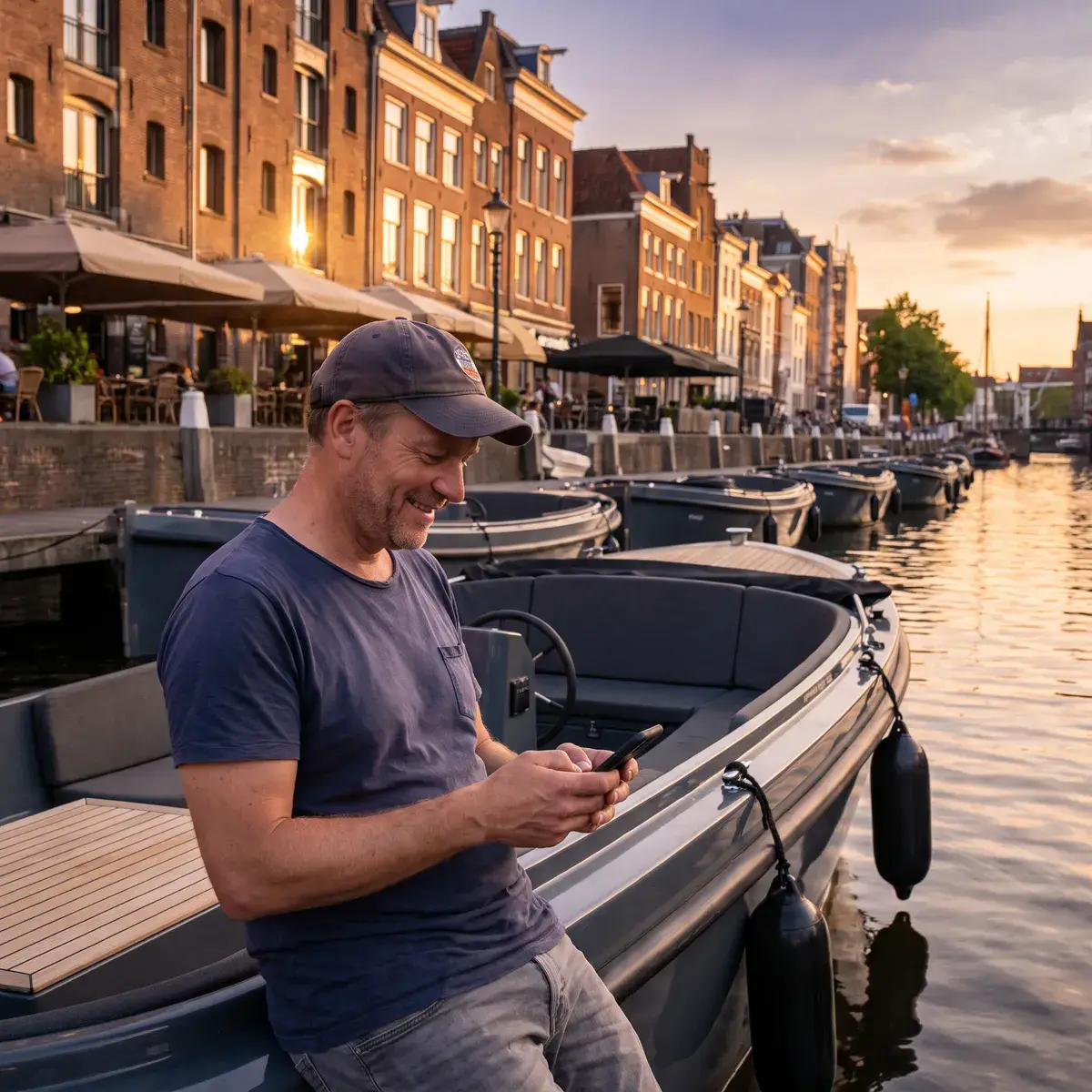 A boat rental owner sits on a modern electric boat in a city harbor at sunset, checking his phone