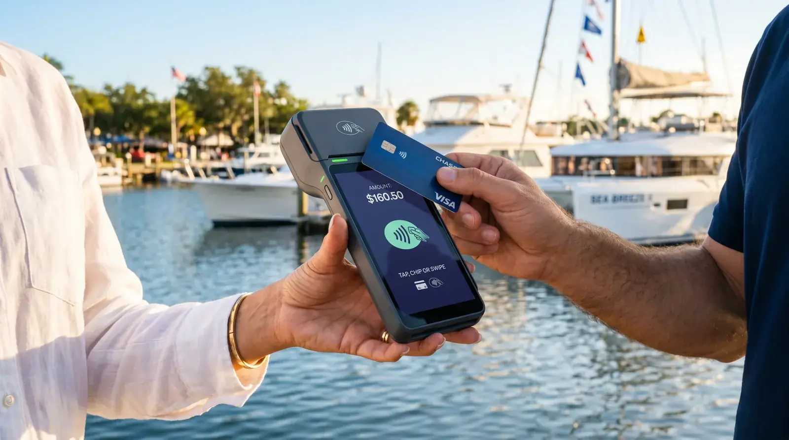 A card reader held out over the water at a marina while a customer taps a card against it