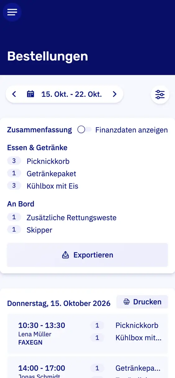 Die Bestellliste der Extras auf einem Handy für eine Woche: eine Übersicht, was an Bord muss, darunter pro Buchung Uhrzeit, Kunde und Bestellung