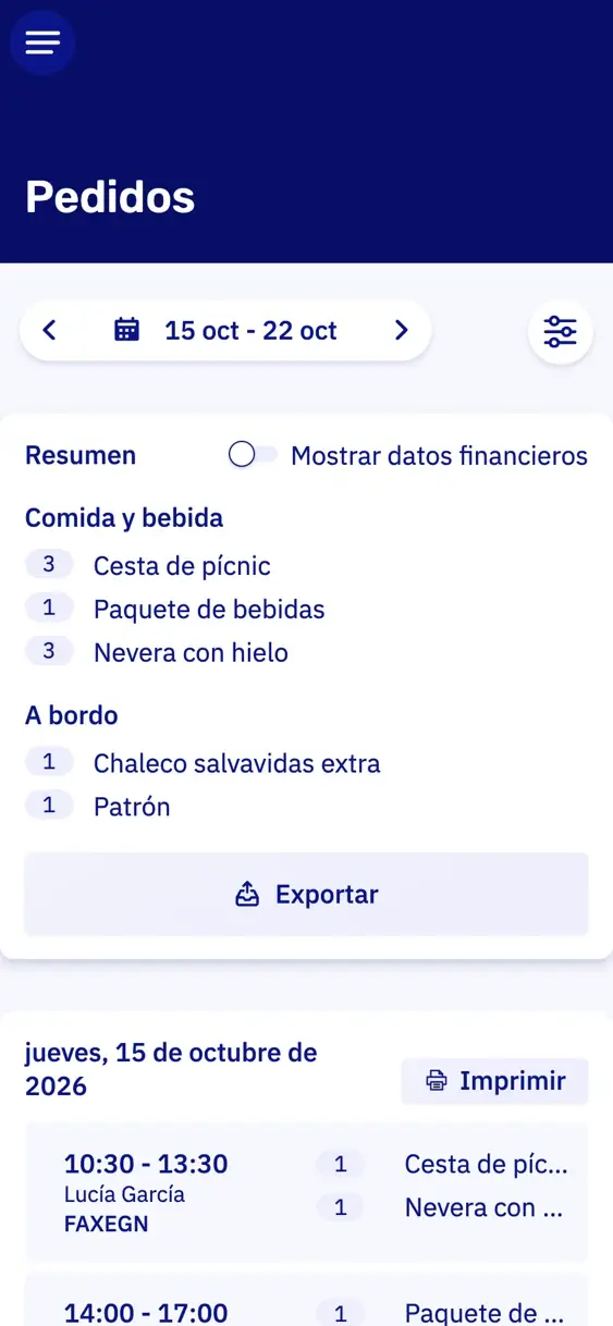 La lista de pedidos de complementos en un móvil para una semana: un resumen de lo que va a bordo y, debajo, la hora, el cliente y el pedido por reserva