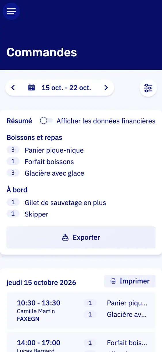 La liste des commandes d'extras sur un téléphone pour une semaine : un résumé de ce qu'il faut embarquer, et en dessous l'heure, le client et la commande par réservation