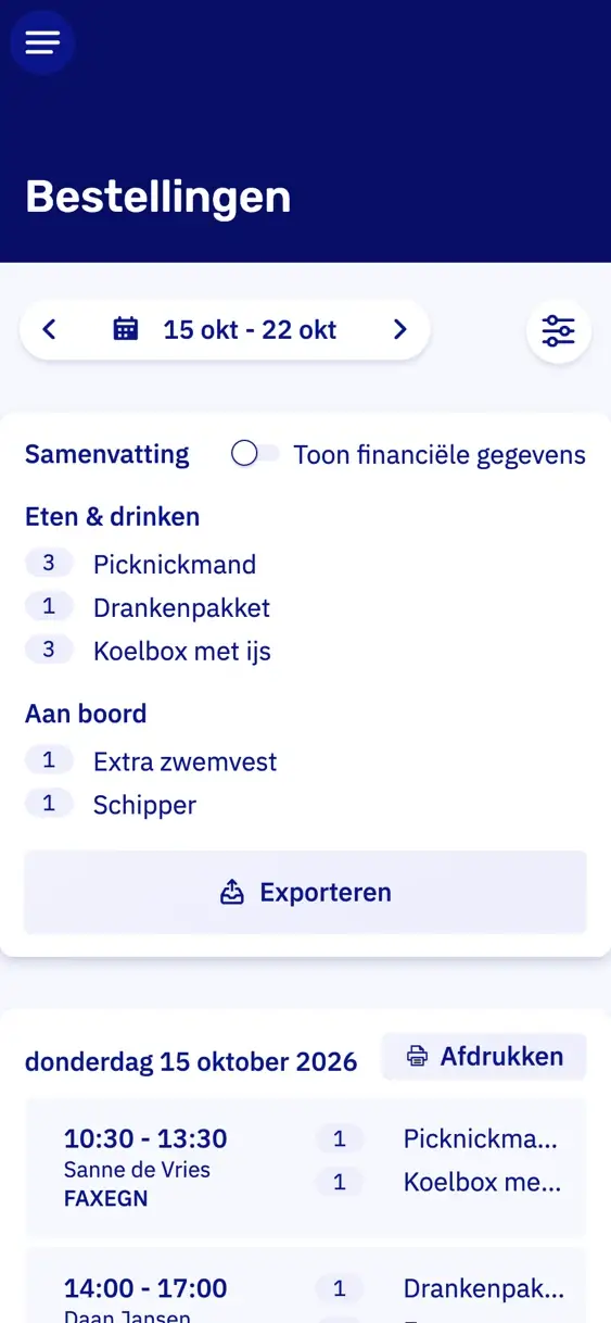 De bestellijst van extra's op een telefoon voor een week: een overzicht van wat mee aan boord moet, en daaronder per boeking tijd, klant en bestelling