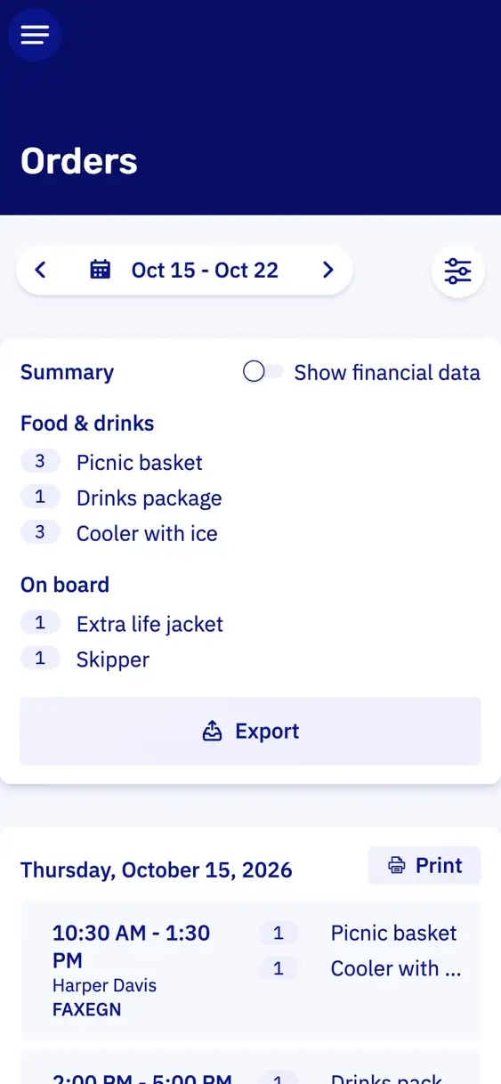 The add-on orders on a phone for one week: a summary of what goes aboard, and below it each booking with its time, customer and order