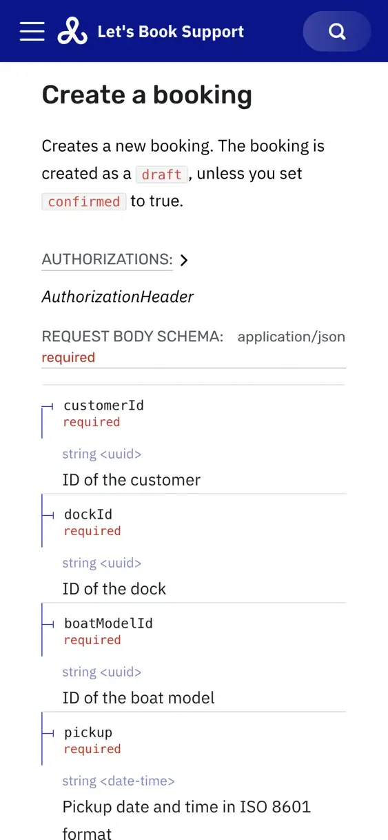 Die API-Referenz auf einem Handy: eine Buchung anlegen, mit den Feldern