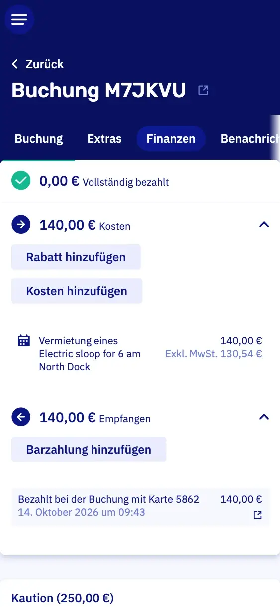 Der Finanzbereich einer Buchung auf einem Handy: vollständig bezahlt, die Miete und die Kartenzahlung, darunter die Kaution
