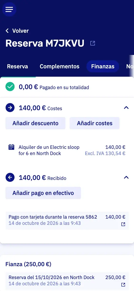 La pestaña de pagos de una reserva en un móvil: pagada por completo, el alquiler y el pago con tarjeta, y debajo la fianza