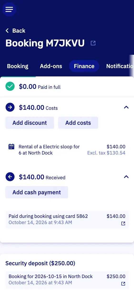 The finance tab of a booking on a phone: paid in full, the rental and the card payment, and the deposit below