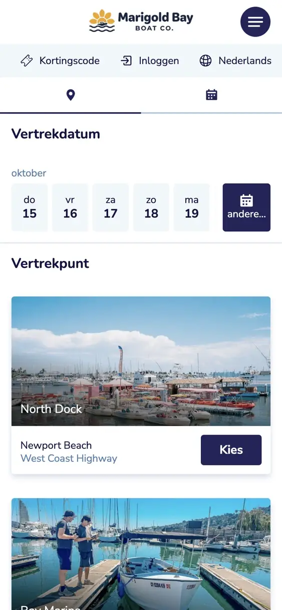 Het boekingsformulier op de telefoon van een klant: de komende vijf dagen om uit te kiezen, en de steiger om van te vertrekken