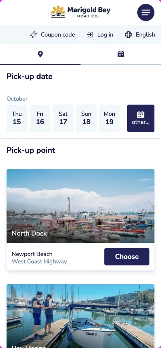 The booking form on a customer's phone: the next five days to pick from, and the dock to leave from
