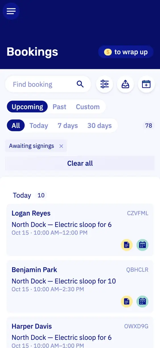 The bookings list on a phone, filtered on awaiting signings: today's departures, each with a yellow document icon for the waiver still to sign