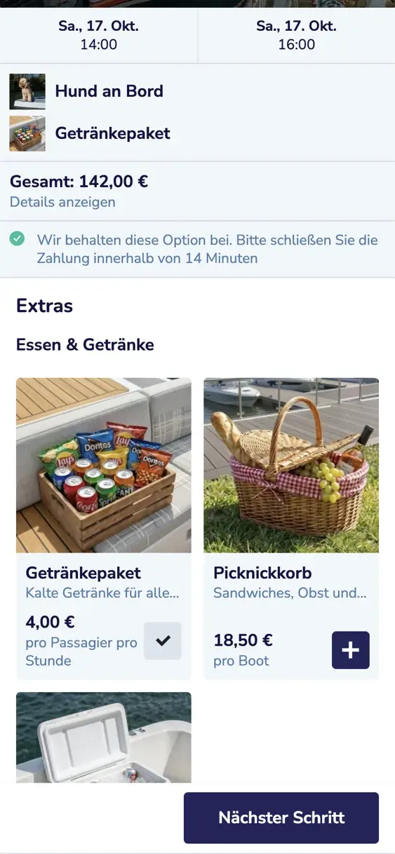 Der Schritt mit den Extras auf einem Handy: das Elektroboot für vier am Samstag von 14:00 bis 16:00, mit Hund an Bord und Getränkepaket, 142 € insgesamt, darunter die Extras zur Auswahl