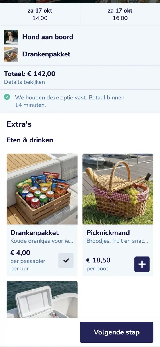 De stap met extra's op een telefoon: de elektrische sloep voor vier op zaterdag van 14:00 tot 16:00, met een hond aan boord en een drankenpakket, € 142 in totaal, en daaronder de extra's om uit te kiezen