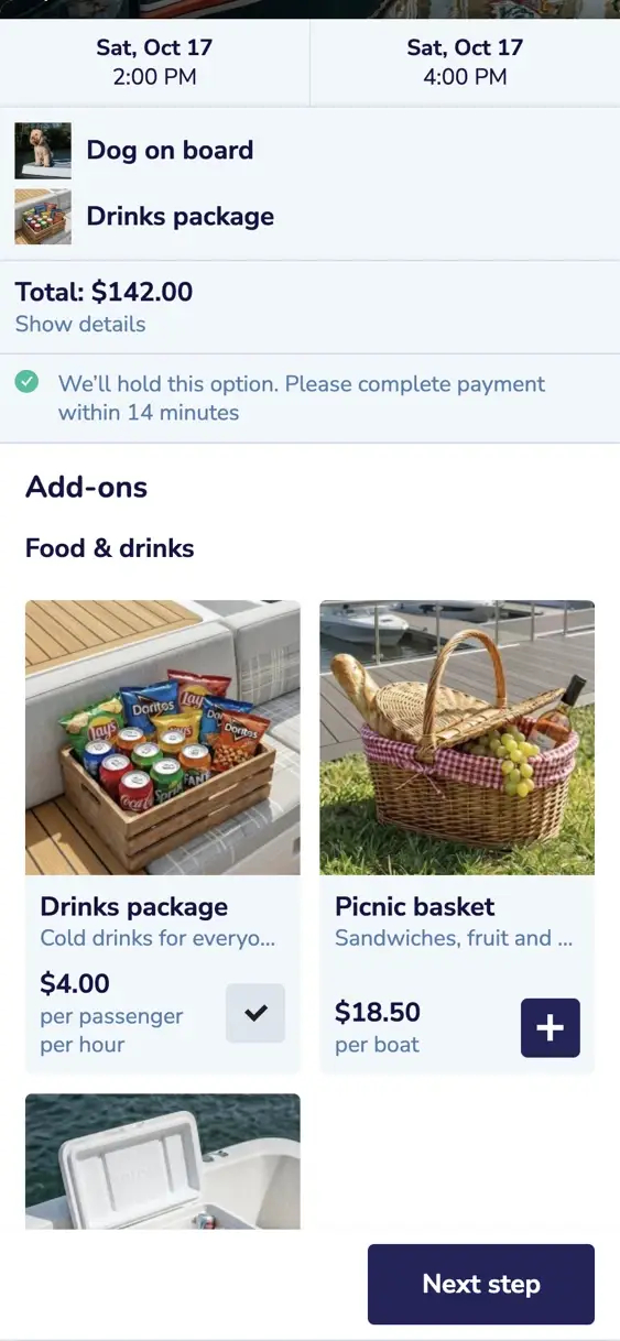 The add-ons step on a phone: the electric sloop for four on Saturday from 2 to 4 PM, with a dog on board and a drinks package, $142 in total, and the add-ons to choose from below